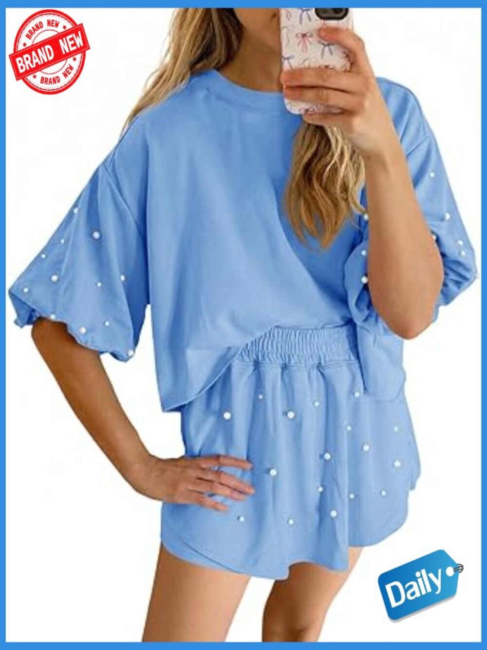 2 Piece Lounge Short Set Skort & Puff Sleeve Sweatshirt Tracksuit